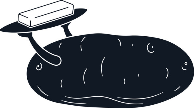 Potato holding butter dish on its head, funny food character, anthropomorphic potato.