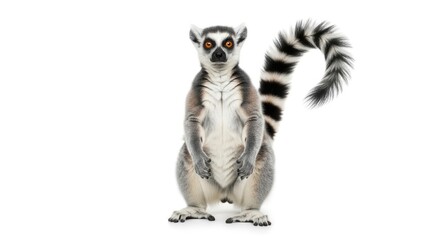Fototapeta premium A ring-tailed lemur stands upright on a white background. The lemur has distinctive black and white striped fur, a long bushy tail, and bright orange eyes.