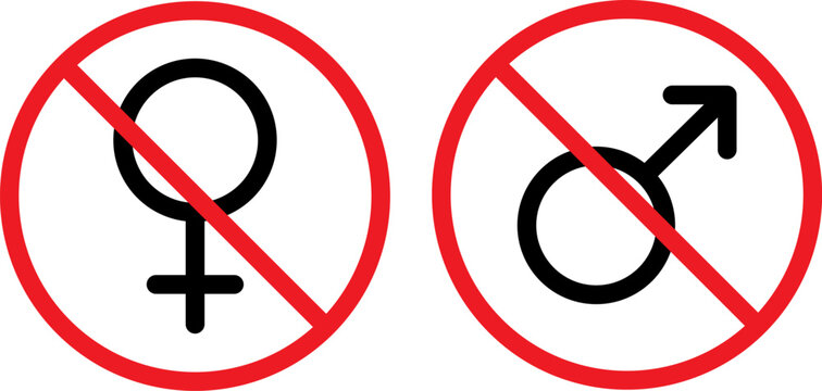 Male and female gender symbols with prohibition signs