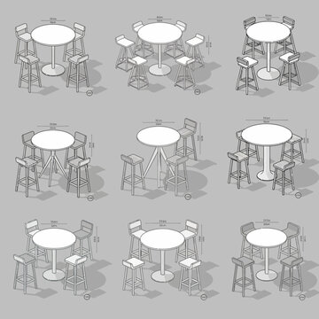 Set of isometric bar tables and stools for outdoor or cafe interior