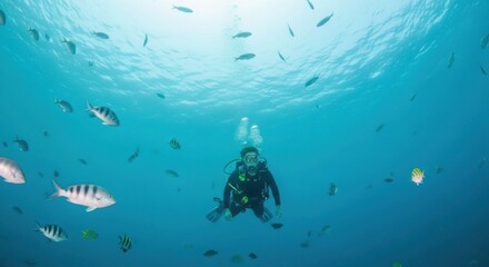 Fototapeta premium Solo diver explores vibrant underwater world with diverse fish