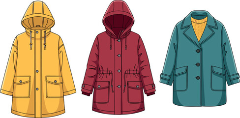 Collection of women fashion outerwear vectors featuring yellow raincoat red hooded parka and teal wool winter coat. © Md