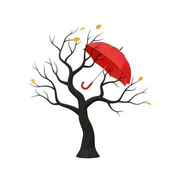 Tree with red umbrella hanging 3D illustration