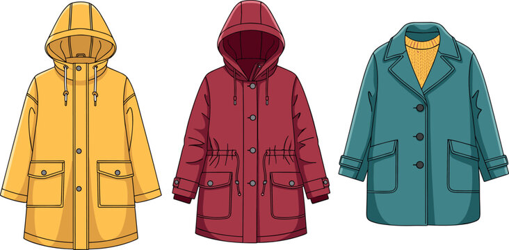Collection of women fashion outerwear vectors featuring yellow raincoat red hooded parka and teal wool winter coat.