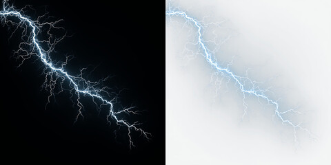 Naklejka premium Blue and white bright lightning bolt isolated on transparent and black background during a thunderstorm in the sky at night, light overlay, PNG