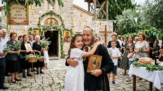 Elderly woman embraces young girl, an Orthodox believer, during a spiritual Pentecost celebration, a traditional religious feast on Holy Spirit Monday.