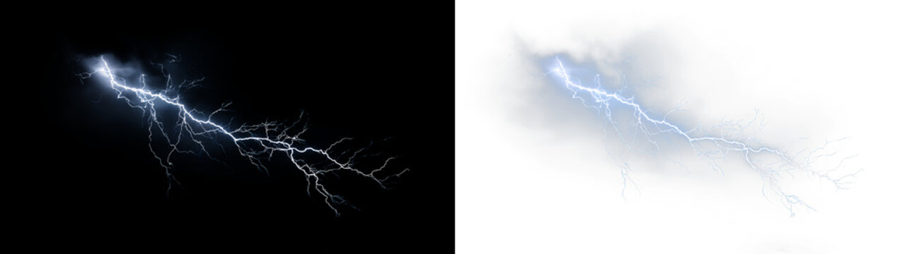Blue and white lightning strikes through a cloudy sky, creating bright patterns against isolated on transparent and black background during a storm, light overlay, PNG