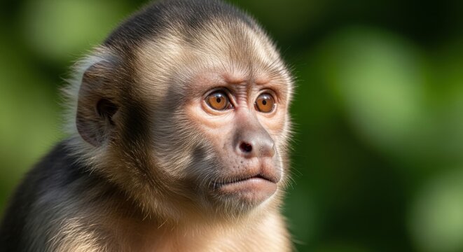 Curious monkey face with expressive eyes in a lush green forest setting