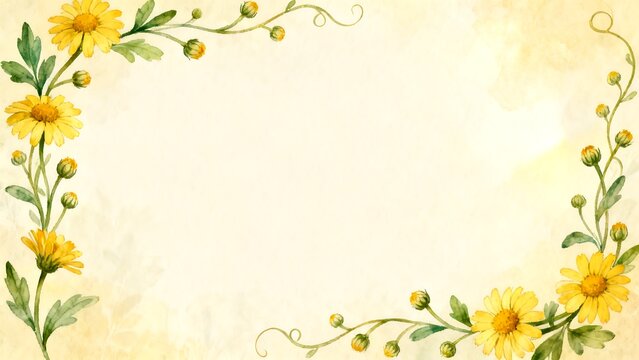 Watercolor yellow daisy floral frame with leaves and buds on aged paper background high quality