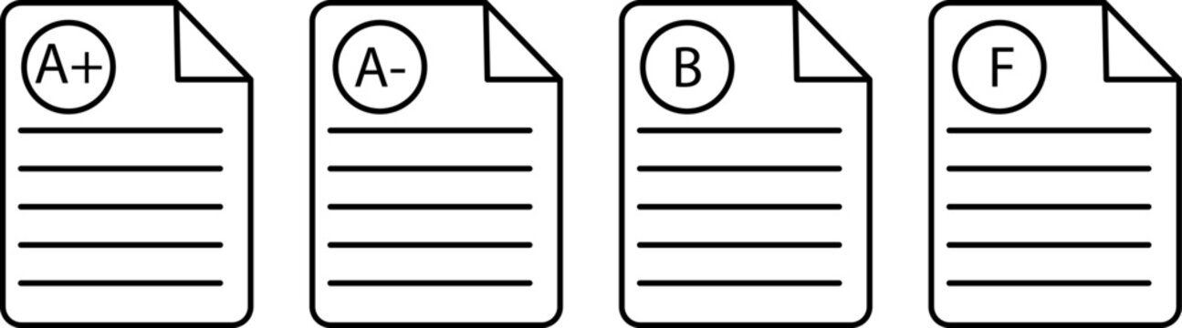 School test paper icons with grades a, a, b, and f