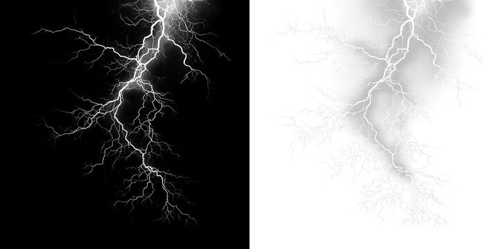 White lightning strikes isolated on transparent and black background with gray tones showing branches of electric discharge, light overlay, PNG
