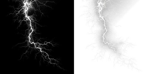 White lightning bolt striking down isolated on transparent and black background, showing bright energy and electrical activity in the sky, light overlay, PNG © Liubov