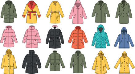 Set of winter outerwear fashion vector icons including puffer jackets parkas wool coats raincoats and hooded puffer jackets. © Md