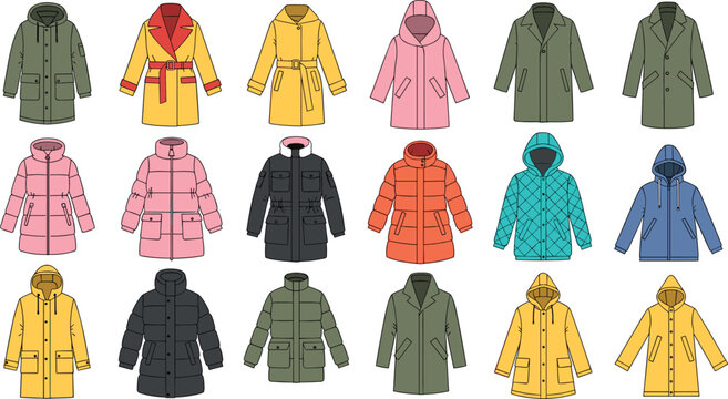 Set of winter outerwear fashion vector icons including puffer jackets parkas wool coats raincoats and hooded puffer jackets.