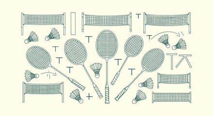 Comprehensive set of badminton sports equipment icons featuring rackets, shuttlecocks and nets. © Bilkis Islam