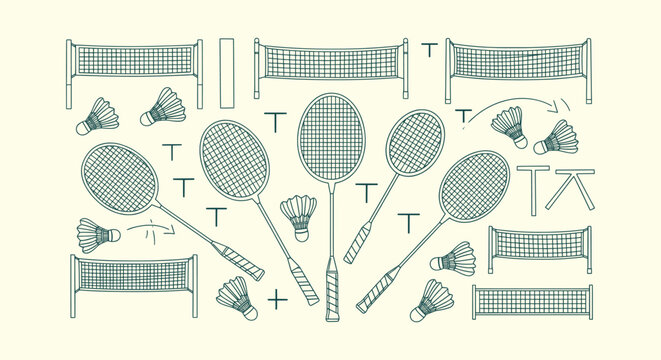 Comprehensive set of badminton sports equipment icons featuring rackets, shuttlecocks and nets.