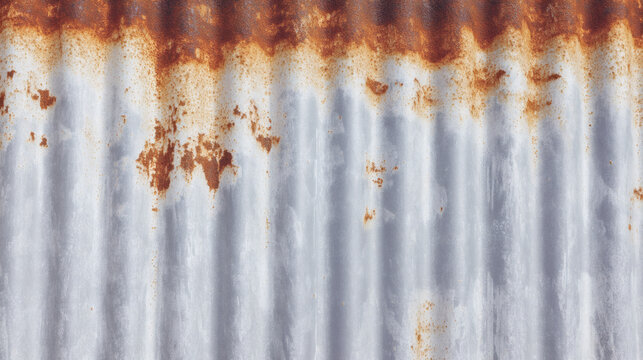 frame illustration of an aged galvanized metal surface with vertical parallel ridges. The center shows thick textured brown rust while the right side is a cleaner silver gray. Left side shows 