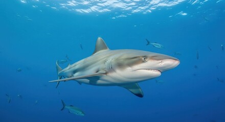 Fototapeta premium Shark swimming in clear blue ocean water with small fish