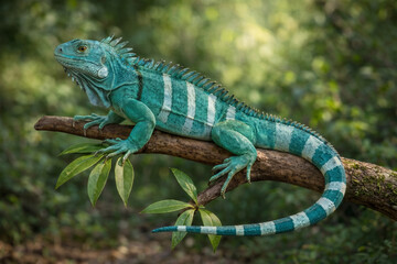 Naklejka premium Bright green Fiji banded iguana on a mossy branch