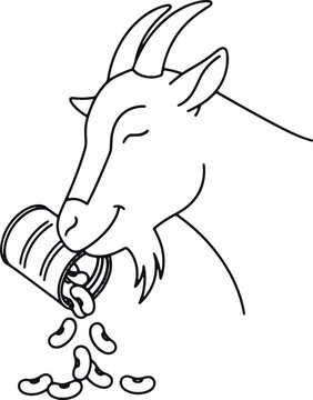Cute goat eating metal tin can filled with beans line art drawing illustration for children coloring book page isolated.