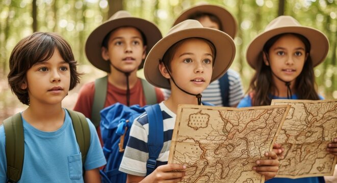 Children in forest wear hats and backpacks looking at a map