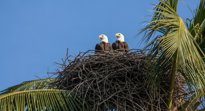 Two bald eagles perched in a palm tree nest