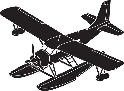 Black, vector seaplane, airplane icon, floatplane illustration, aircraft symbol
