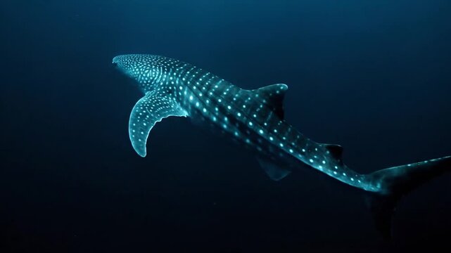 Whale shark swims in the dark ocean.