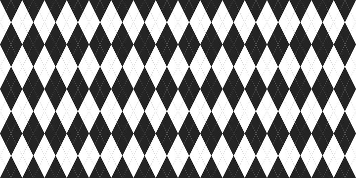 ​Seamless black and white argyle pattern. Traditional diamond check background with dashed line overlay for textile, wallpaper, and classic fashion design.