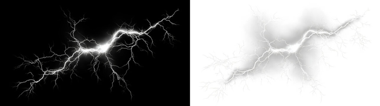 White lightning bolt isolated on transparent and black background with electric lines and branches showing energy flow in a simple design, light overlay, PNG