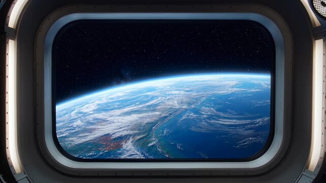 Earth view from a spaceship window showing atmosphere and outer space