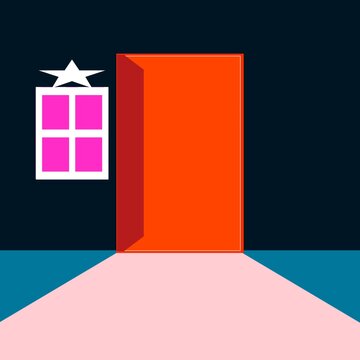 Surreal minimalist vector graphic of an open orange door casting a bright pink light path path flanked by matching pink square windows against a dark navy blue wall background concept of mysterious po