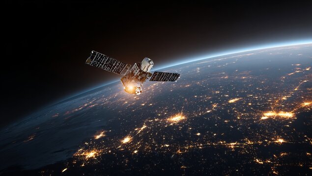 Satellite Orbiting Earth at Night - A Technological Marvel in Space.