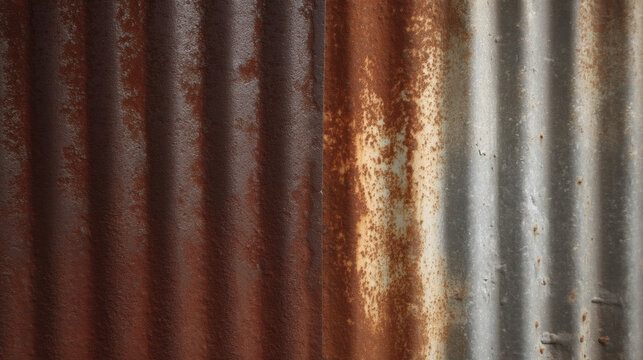 macro of oxidized corrugated zinc wall with rough irregular surface. Prominent ridges and grooves show layered rust, orange-brown oxidation, and scattered white corrosion. Left side darker zinc, 