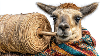 Obraz premium Alpaca wearing colorful scarf holds large spool of twine with south america, animal portrait