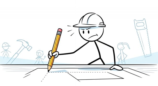 Frustrated Stickman Architect Blueprint Design with White Background