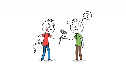 Fototapeta premium Frustrated Stickman Offering Flowers with Question Mark on White Background Cartoon Style