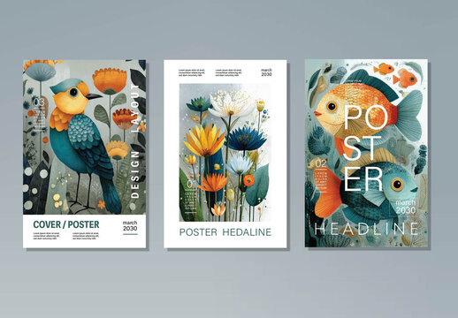 Illustrated Poster Layout Set, Modern Cover Templates