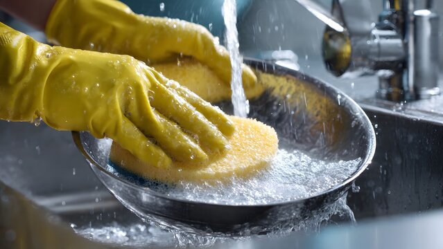 Hands scrubbing ceramic plate with thick foam sponge under warm water.