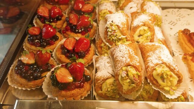 Italian bakery display presenting rows of traditional sicilian cannoli filled with rich ricotta cream and crunchy pistachios alongside fresh fruit tarts topped with sweet strawberries and mixed berrie