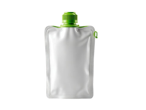 Empty white resealable pouch with green cap and spout isolated on transparent background