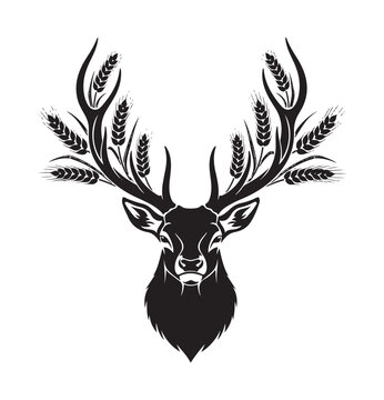Majestic stag head illustration featuring striking wheat stalk antlers, symbolizing nature's bountiful harvest and rustic elegance, ideal for a refined emblem or craft beverage brand concept