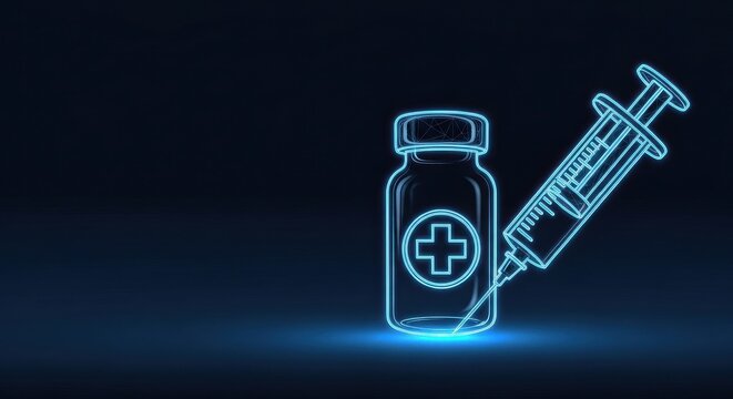 Neon Blue Medical Syringe and Vaccine Vial With Cross Symbol, Futuristic Health Concept Illuminated