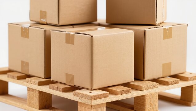 Stack of brown cardboard boxes on a wooden pallet isolated on white background. Clean studio shot for logistics, shipping, delivery service, and ecommerce concepts. Professional packaging