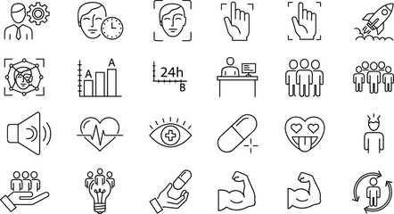 Fototapeta premium Business and Human Resource Line Icon Set with Teamwork Productivity Healthcare Growth Support and Communication Outline Symbols for Web and App Design