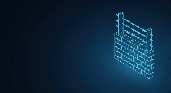 Digital Firewall Barrier with Barbed Wire Protection Securing Network Data