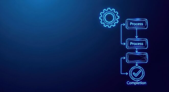Futuristic digital system flow chart with glowing icons and a gear symbol on a blue gradient background