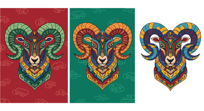 Decorative ram head vector illustration featuring intricate patterns and vibrant colors for creative graphic design projects