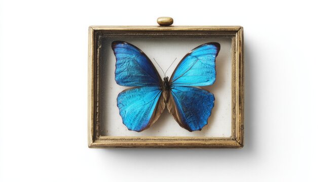 Blue butterfly rests in elegant frame