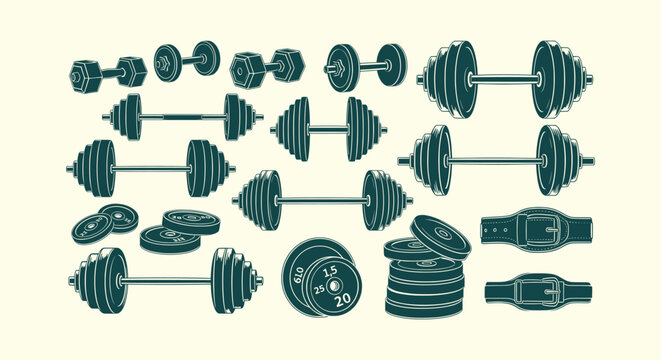 Vintage Gym Equipment Set with Dumbbells Barbells Weight Plates and Lifting Belts Vector Collection